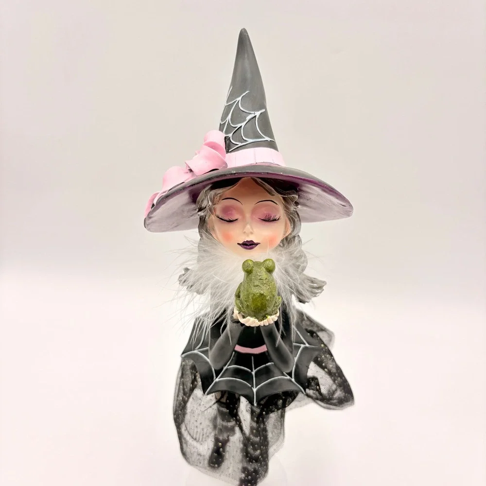 Halloween Witch Figurine with Frog Pink Black Decor